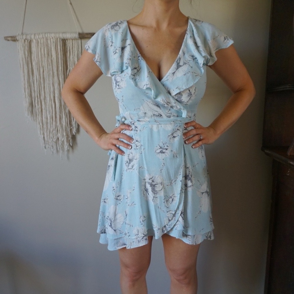 Free People | French Quarter Wrap Dress Mint Blue & White Floral Size Small